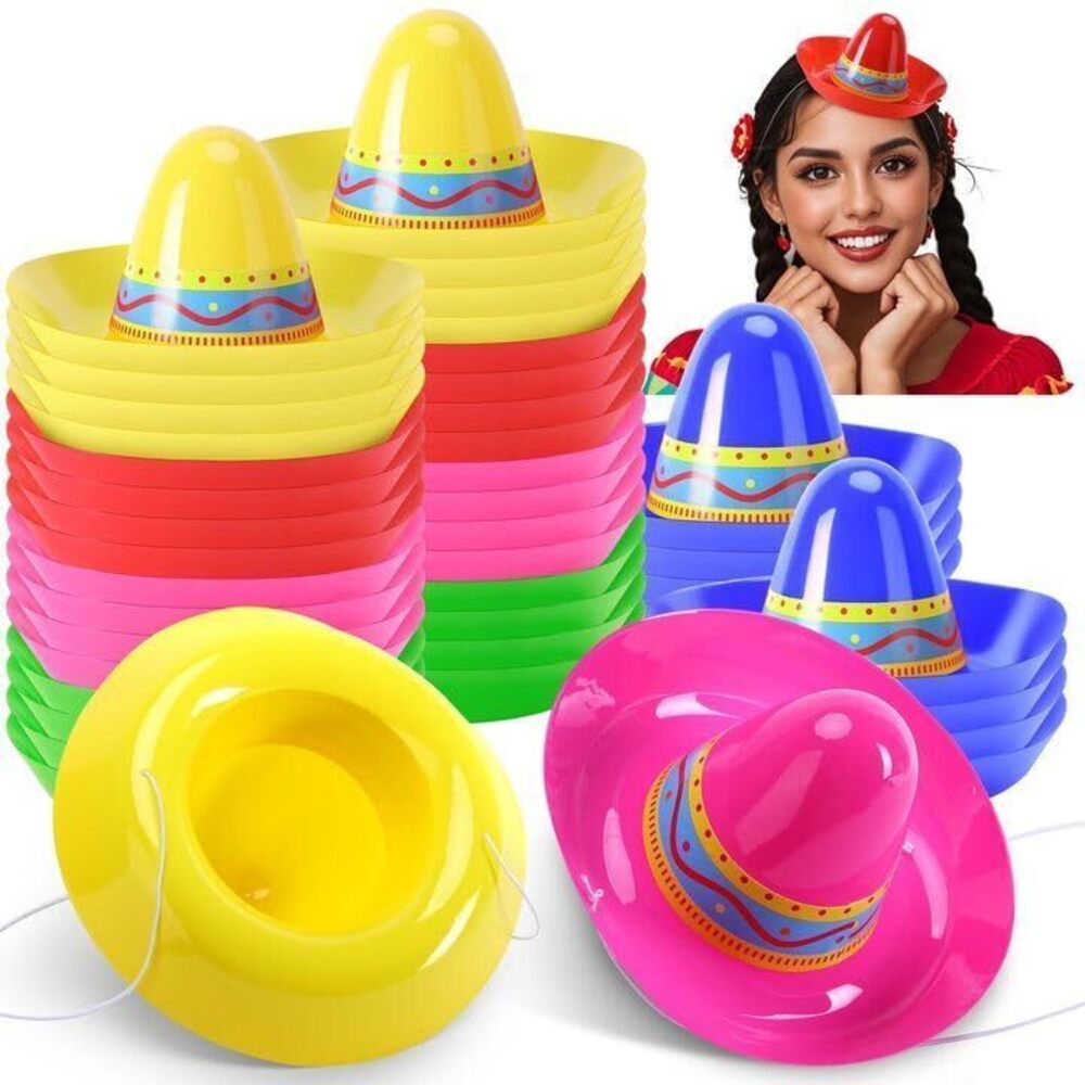 9905 40 Pcs Mini Mexican Plastic Sombreros, 5 Colors Cinco de Mayo Plastic